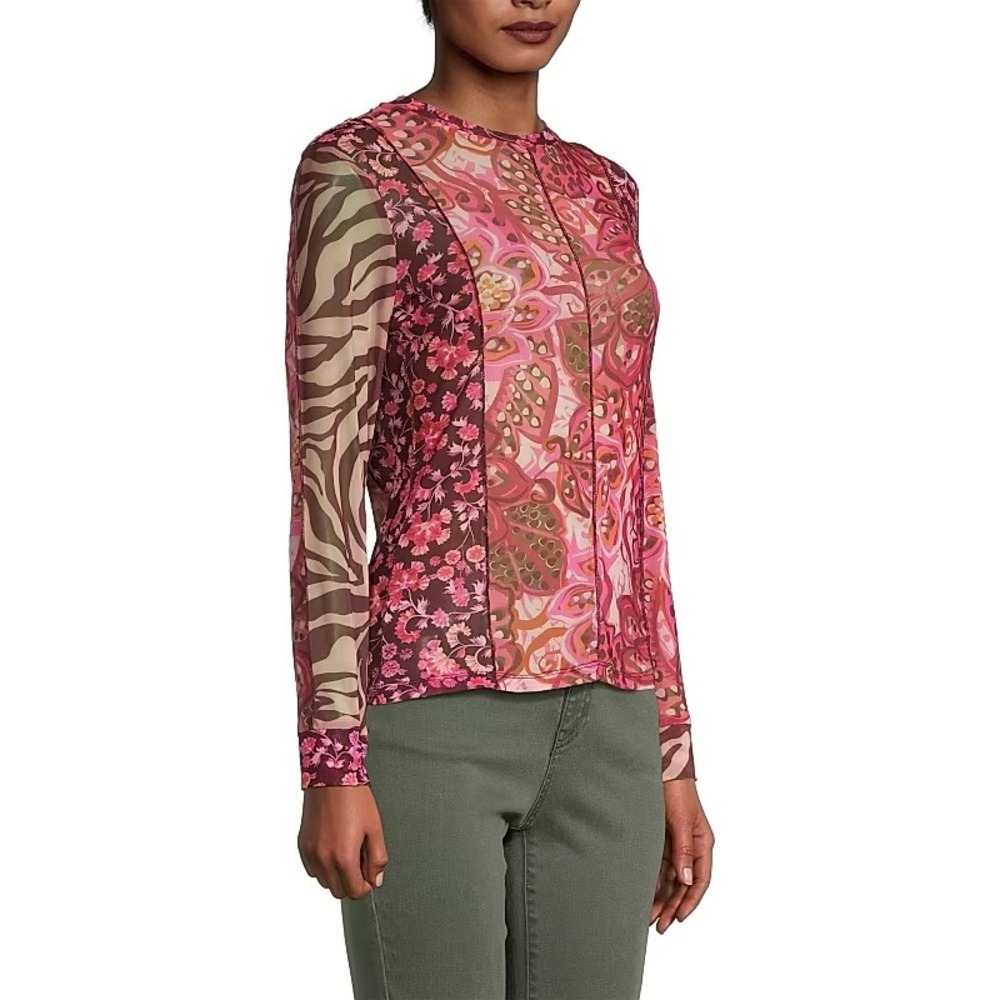Johnny Was Women's Size XL Agatha Mesh Tee Long Sleeve Floral Animal Print Sheer